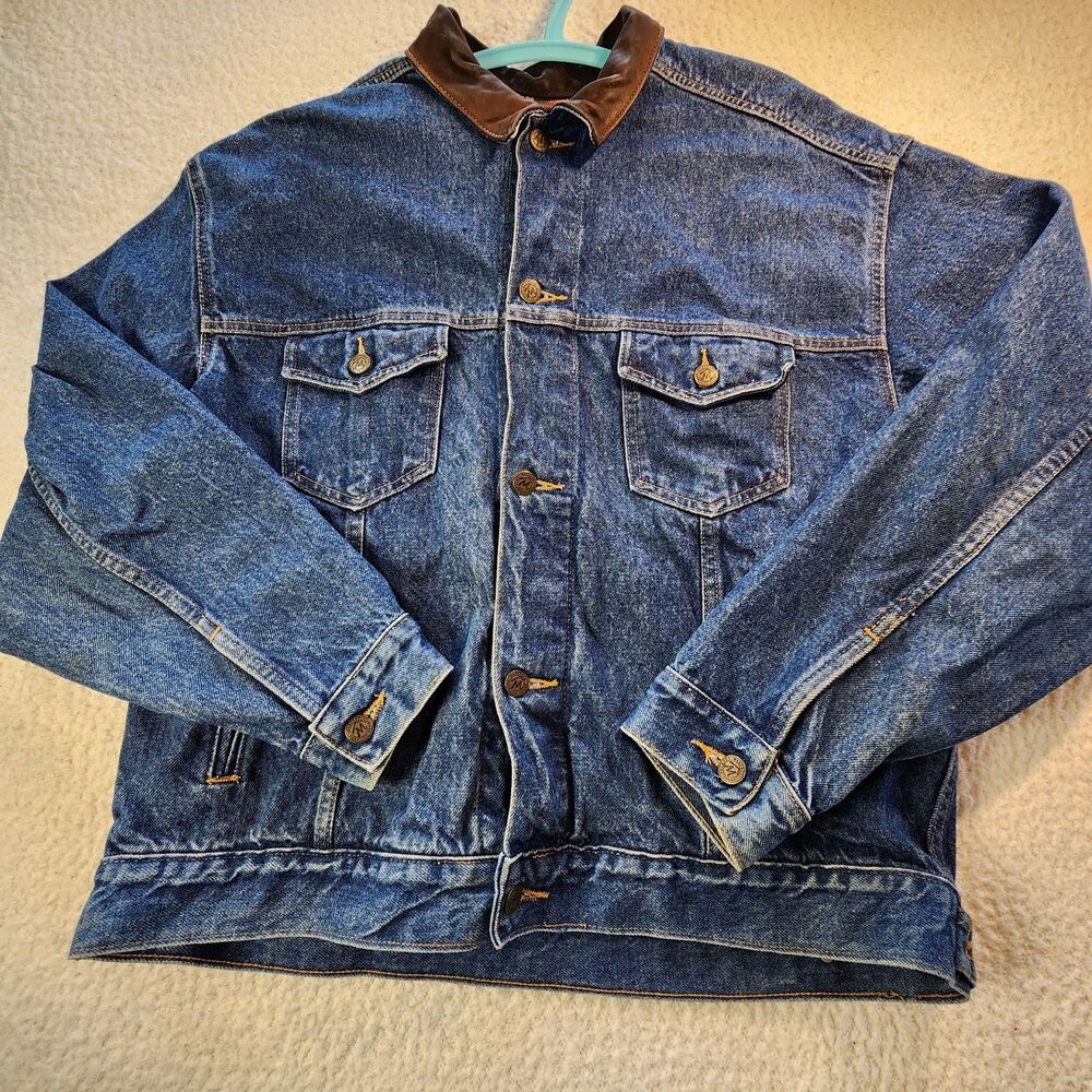 Vintage Marlboro Country Store Denim Trucker Jacket Leather Collar Flannel Sz L